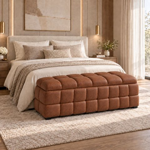 Recamier Baú Cama Queen 193cm Banco Puf Estofado