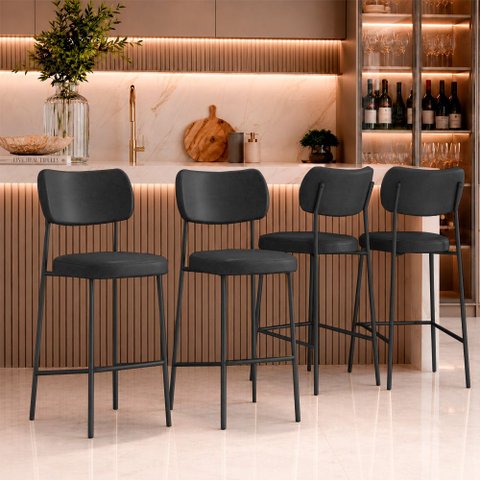 Kit 4 Banquetas Alta Sala de Jantar Lisa Pés Preto PU Preto m² - Monari Design
