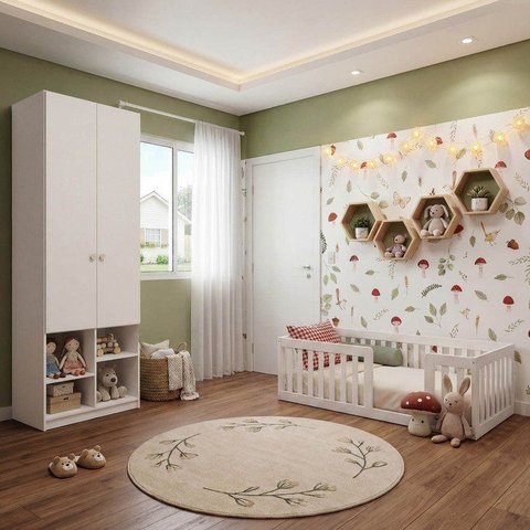 Quarto Montessori Mini Cama Giulia e Guarda-Roupa Curió 2 Portas Casatema MadeiraOriginals Branco