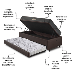 Bicama Box Baú Solteiro 88x188x42 Courino Linho Marrom com Colchão de Espuma Dual Firme Ecoflex - 5