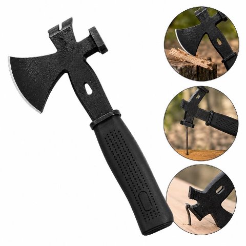 Machadinho Tatico Militar Camping 3 em 1 Machado Tomahawk Martelo em Aco Pe de Cabra Cabo Emborracha