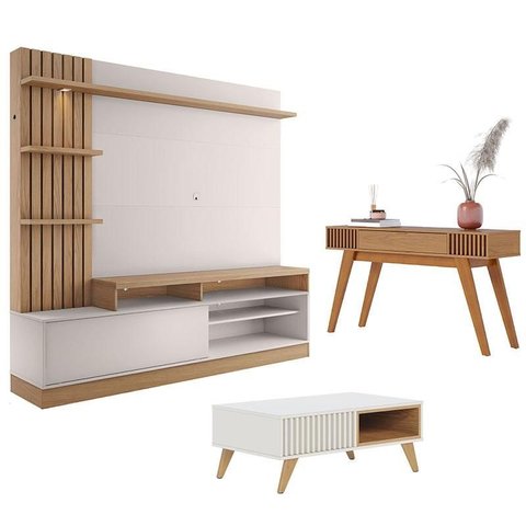 Estante Home Theater Maceió Freijó Off White com Mesa de Centro Jeri Off White Freijó e Aparador Riv