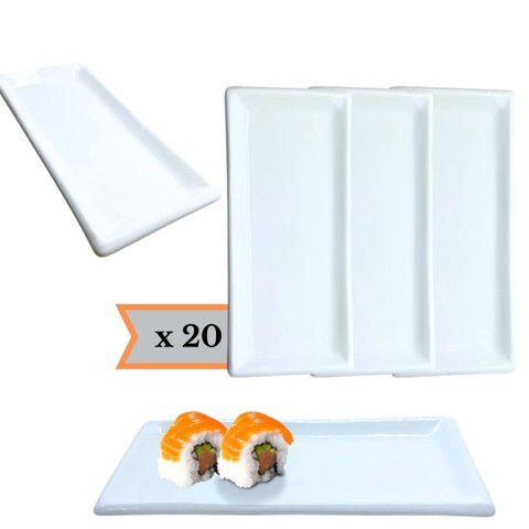 Jogo 20 Pratos Sushi Kakusara Retangular Porcelana Branco Prattos