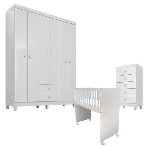 Quarto Bebê 6 Portas com Gaveteiro Ternura Baby e Mini Berço Moisés Alegria com Colchão -