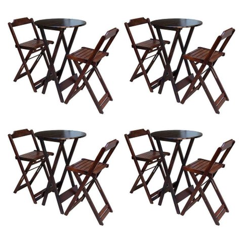 Kit 4 Conjuntos De Mesa Bistrô Dobraveis Em Madeira Padrão Com 2 Banquetas Altas - Imbuia - Marrom