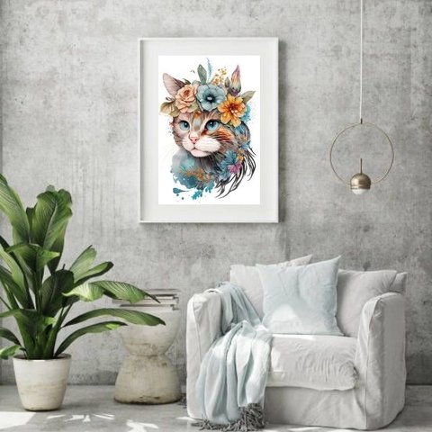 Quadro Aquarela Gato Flores - 60x48cm:madeira Branca