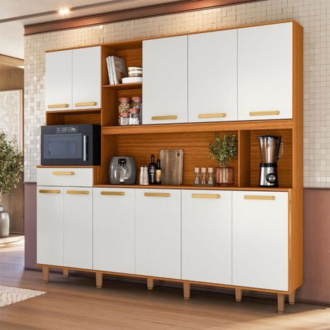 Cozinha Compacta Pilar 11 Portas 1 Gaveta Freijó/Off White - Pnr Móveis