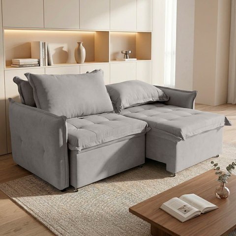Sofá Cama 2 Lugares Singapura Reclinável 190cm em Bouclê com Catraca Reforçada e 2 Almofadas:Cinza C