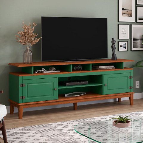 Rack para TV 75 Polegadas Madeira Maciça 2 Portas Rústico 185,7cm Verde - Apaixone & Decore