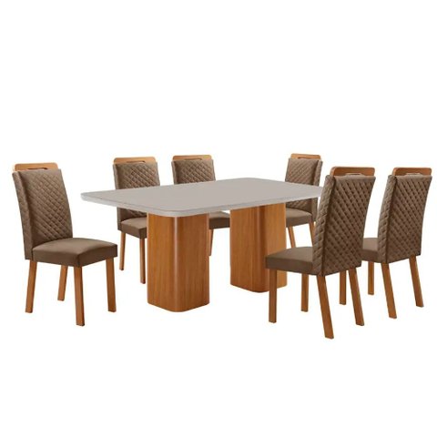 Mesa de Jantar Eloise 180cm Tampo MDF Vidro Canto Copo com 6 Cadeiras Lorena Moderna Mobília