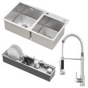 Ver imagem 1 de Kit Cuba Dupla Nápoles Aço Inox 304 Calha Oragnizadora Aço Inox e Torneira Genebra Monocomando Golde