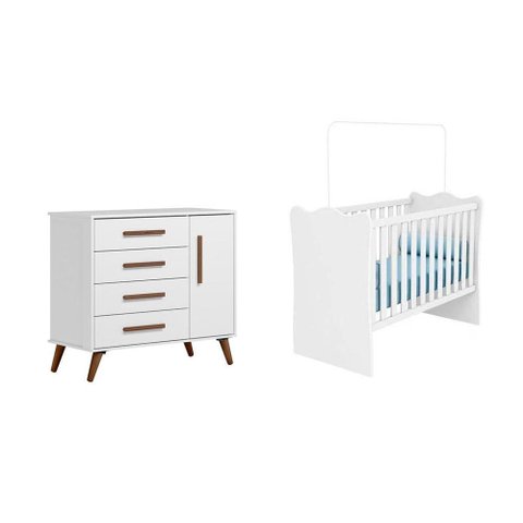 Quarto Infantil Cômoda Sapateira Retrô e Berço Doce Sonho Quarto Infantil Bebê Branco - Fdecor