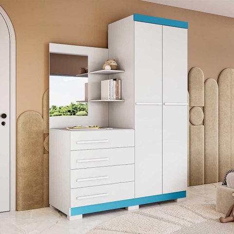 Guarda-Roupa Solteiro Melissa 2 Portas com 4 Gavetas 100% MDF Bran/Rosa/Azul/Lilas