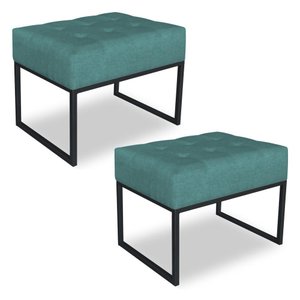 Kit 02 Puffs Lisa Suede Base Metálica Industrial Preto - Pallazio Cor Azul Turquesa