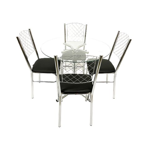 Jogo de Mesa Mia com Vidro Redondo + 4 Cadeiras com Reforço Cromadas Assento Preto Encosto Grade Pol