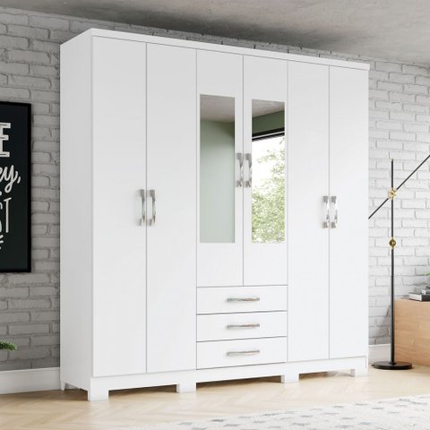 Guarda-roupa Solteiro Caju 6 Portas 3 Gavetas com Espelho Branco - Henn