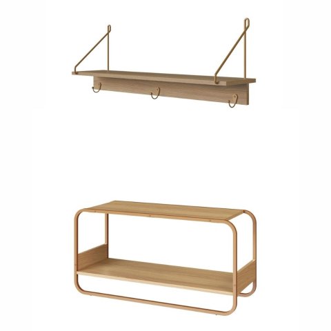 Kit Banco Sapateira Orgânico Luna Cabideiro Prateleira Oslo Artesano MDP Hanover Base Metal Dourado