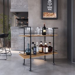 Carrinho Bar Estilo Industrial com 2 Prateleiras P1036 Preto/mel - 2