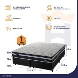 Cama Box Super King c/ Molas Ensacadas Durham Preto 193x203x60  - 3