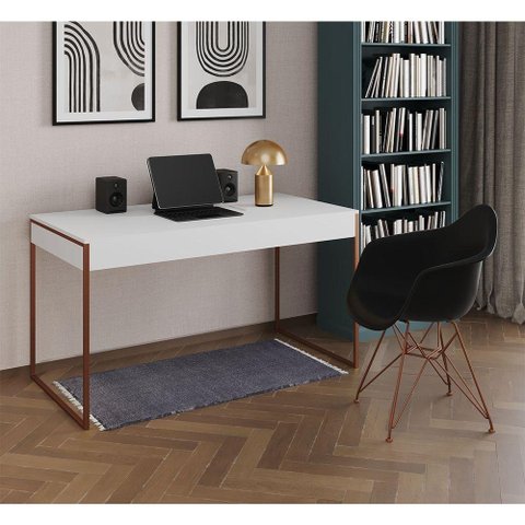 Escrivaninha Industrial Office Estudo Malta Branca 137X53Cm Com 1 Poltrona Preta Base C Cor: Branco
