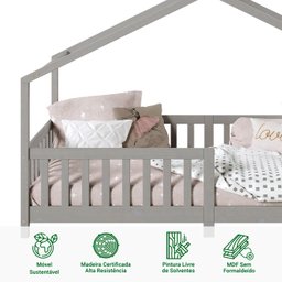 Cama Montessoriana Madeira Maciça Casa com Estrado Lisan Cinza - 5