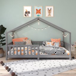 Cama Montessoriana Madeira Maciça Casa com Estrado Lisan Cinza - 4