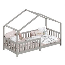 Cama Montessoriana Madeira Maciça Casa com Estrado Lisan Cinza - 7