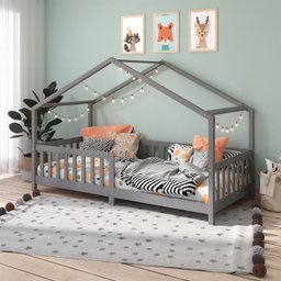 Cama Montessoriana Madeira Maciça Casa com Estrado Lisan Cinza - 1