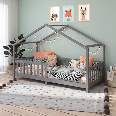 Cama Montessoriana Madeira Maciça Casa com Estrado Lisan Cinza Idimex