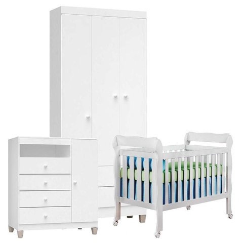 Quarto de Bebê 3 Portas Ternura Baby com Berço Lila Branco Brilho - Incorplac