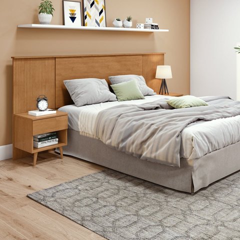 Cabeceira Casal Queen Ripado com 2 Mesas de Cabeceira Like Marrom Amêndoa Clean