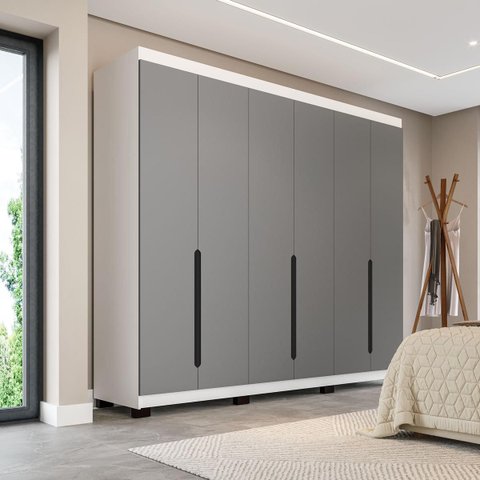 Roupeiro Casal Madri 6 Portas 4 Gavetas 242x214cm Cinza/Branco 250702