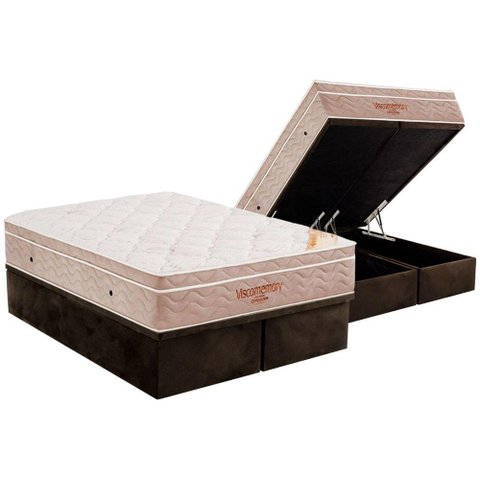 Cama Box Baú King: Colchão Espuma Ortobom D33 Viscoelástico Apollo Viscomemory + Base CRC Suede Brow