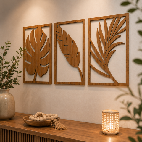 Trio Quadros Vazados Folhas em MDF Decoração Autocolante