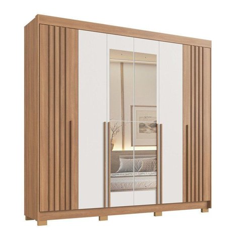 Guarda Roupa Casal 6 Portas 4 Gavetas Palermo Ripado com Espelho Freijó/Off White