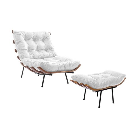 Poltrona Costela em Couro Natural com Puff - Branco