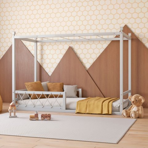 Cama Infantil Madeira Maciça 97CMX197CM Fortaleza Cinza/Prata Fina