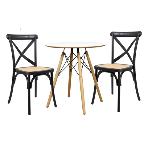 Conjunto Mesa Redonda Chanfrada Branca Eames 70cm com 2 Cadeiras Paris Rattan Pretas - La Mobilia