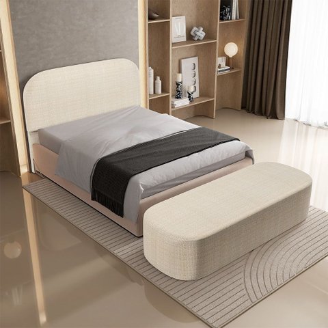 Cabeceira Cama Box King 160cm Lanna com Puff Recamier Doha W01 Linho Palha - Lyam Decor
