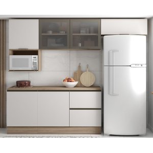 Cozinha Modulada Etna Módulos 258cm 2 Portas de Vidro - Carvalho Oak/off White Poliman