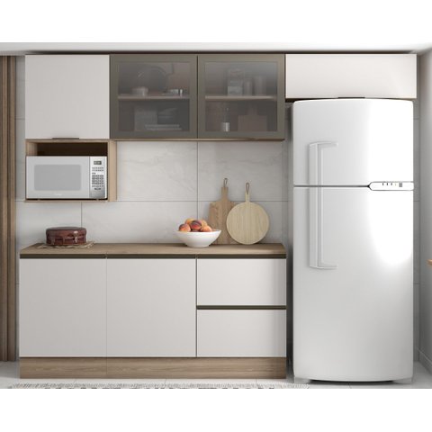 Cozinha Modulada Etna Módulos 258cm 2 Portas de Vidro - Carvalho Oak/off White Poliman