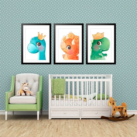 Kit 3 Quadros Grandes Quarto Infantil Dino Baby 60x48cm:moldura Branca