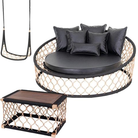 1 Chaise 6 Almofadas + 1 Balanço + Mesa Centro Madeira