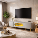 Ver imagem 1 de Rack Tv 75" 180cm Sala de Estar com Led e Vidro Pés em Aço Mdf Juquehy:pistache/off White