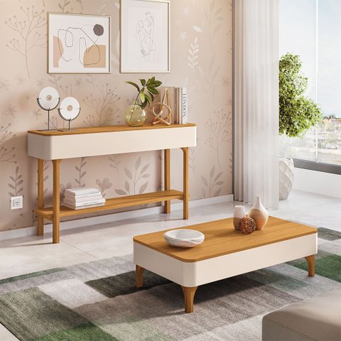 Kit Aparador para Sala Fontana com Mesa de Centro Ceci Orgânico B01 Off White Cinamomo - Lyam Decor