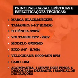 Esmerilhadeira Angular 920w G720x6d com 6 Discos B+d 127v - 5
