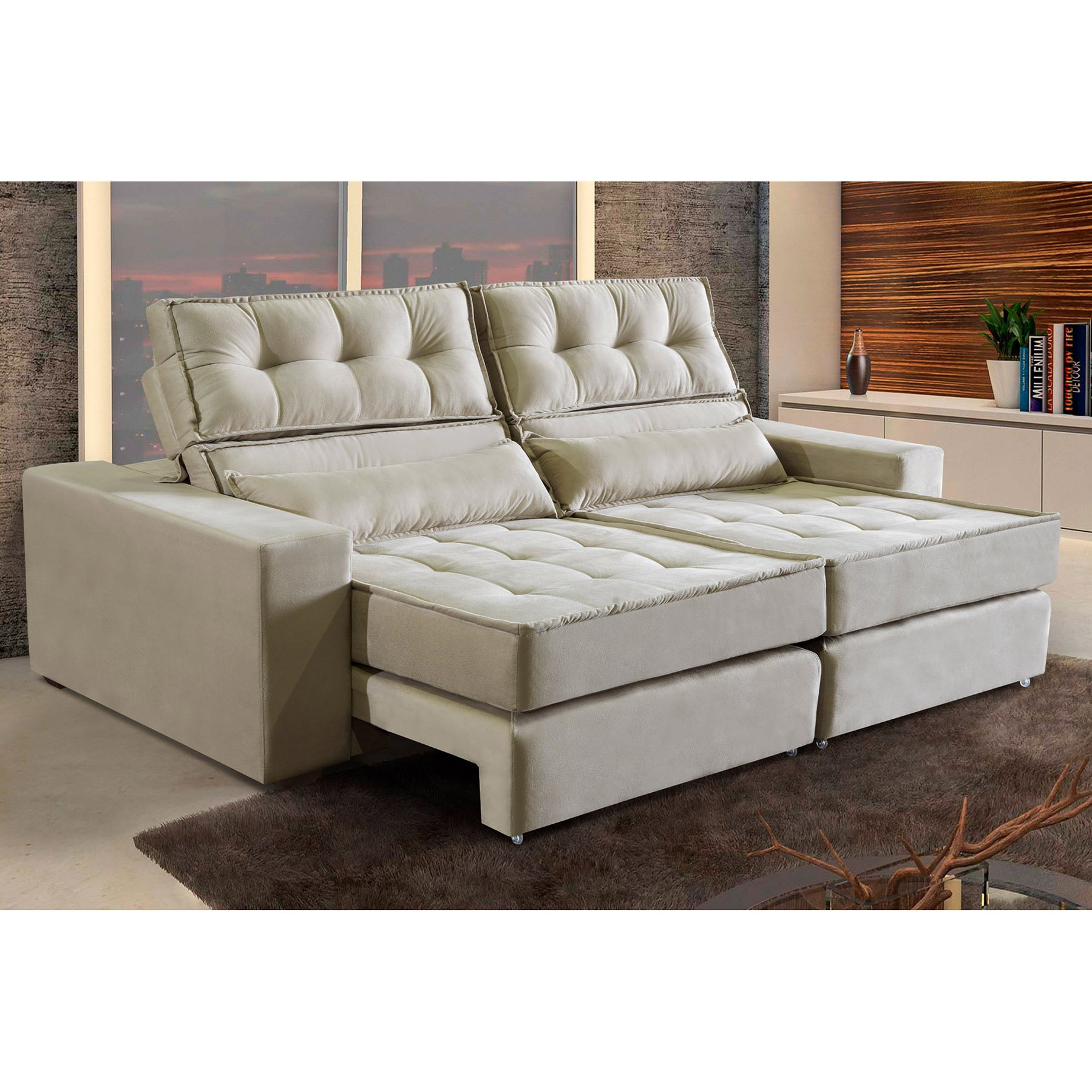 Sof Luxo Lugares Com Molas Ensacadas Retr Til E Reclin Vel M Suede Liso Bege Premium