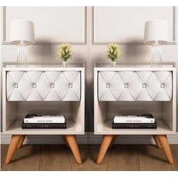 Conjunto 2 Mesa de Cabeceira Glamur Vitoria Decor Pé Madeira Gaveta Estofada Corredica Telescopica-j - 2