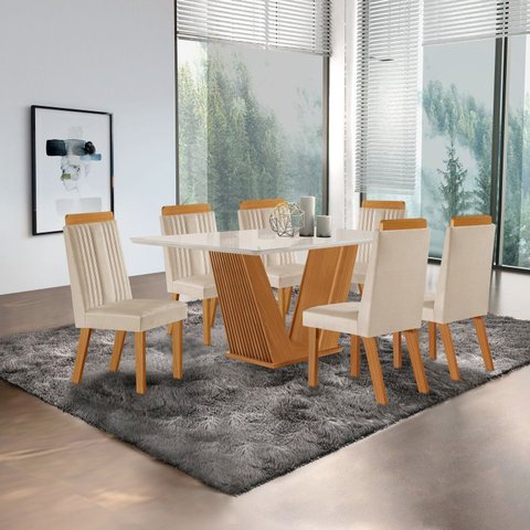 Conjunto de Jantar Mesa Maia Tampo MDF e Vidro com 6 Cadeiras Florença Bege/Castanho Cinamomo/Creme/Off White