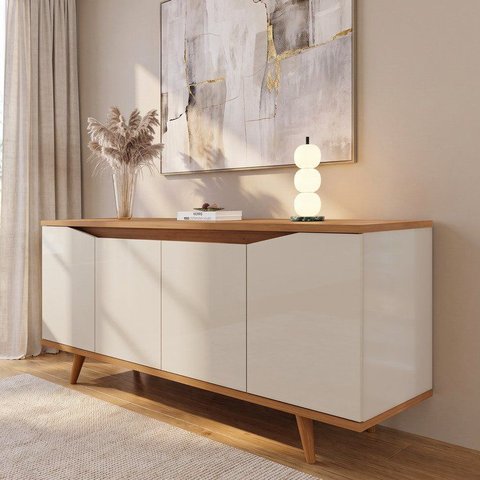Buffet 160cm 4 Portas Pés em Madeira Maciça Grace Versátile Bege/Off White/Noce